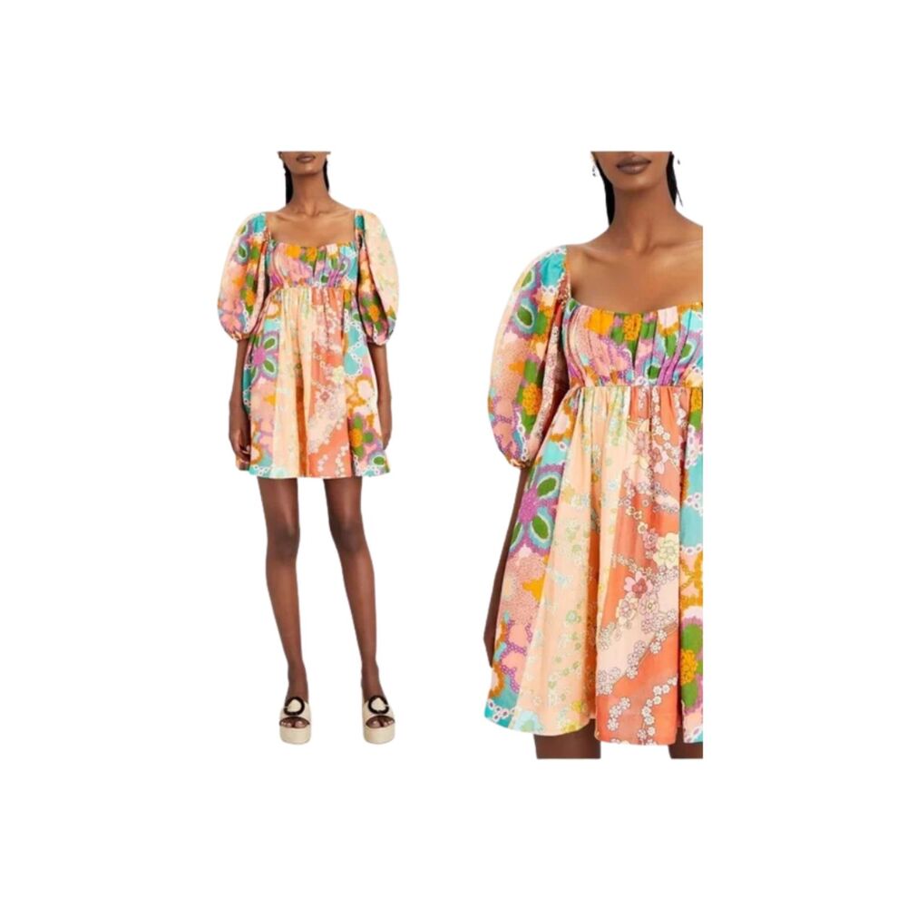 Zimmermann Lola Patchwork Floral Linen Mini Dress Puff Sleeve Size 0 US 4